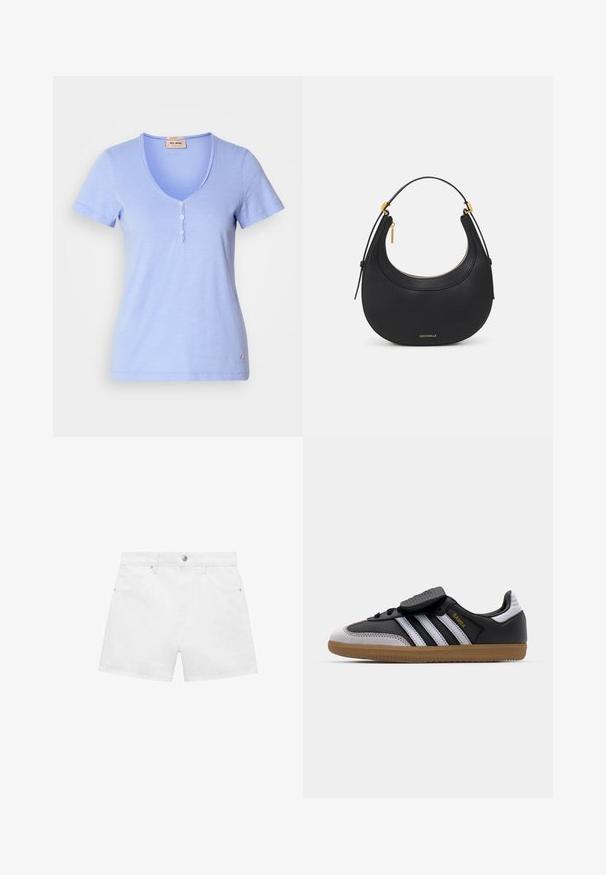 Light blue short-sleeve T-shirt featuring a v-neck with a five-button placket and a subtle fabric texture. Small logo accent on hem.; White denim shorts with a four-pocket design, featuring a front button and zipper closure, displayed against a plain background.; Black leather and gray suede sneaker with white stripes, rubber gum sole, lace-up front, and Velcro strap. Features "Samba" branding in gold.; Black leather handbag with a rounded shape, textured surface, gold hardware accents, and a zip closure. Logo displayed at the bottom.; Gold-tone knot stud earrings with a twisted design. Each earring features a circular clear backing for secure wear.