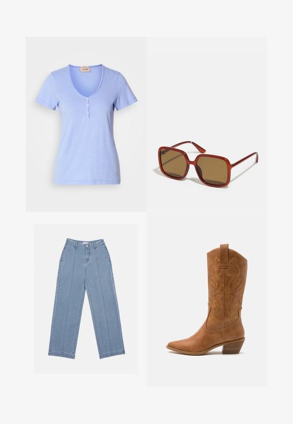 Lichtblauw T-shirt met korte mouwen, featuring een V-hals en een vijfknopen placket met een subtiele stoftextuur. Klein logoaccent op de zoom.; Lichtblauwe wijde jeans van denim. Heeft een hoge taille, knoopsluiting en zichtbare stiksels. Geen zakken zichtbaar aan de voorkant.; Tan leren cowboylaars met puntige neus, geborduurde spiraalpatronen op de schacht en een gestapelde blokhak. Voorzien van een trekband voor gemakkelijke aan- en uittrekken.; Rode vierkante zonnebril met bruin getinte lenzen. Dikke, glanzende monturen en slanke armen met kleine details aan de zijkant voor visuele interesse.; Zilveren oorbellen in de vorm van een gladde, gepolijste ring. Ronde vorm met een veilige kliksluiting. Lichtgewicht ontwerp, geschikt voor dagelijks gebruik.