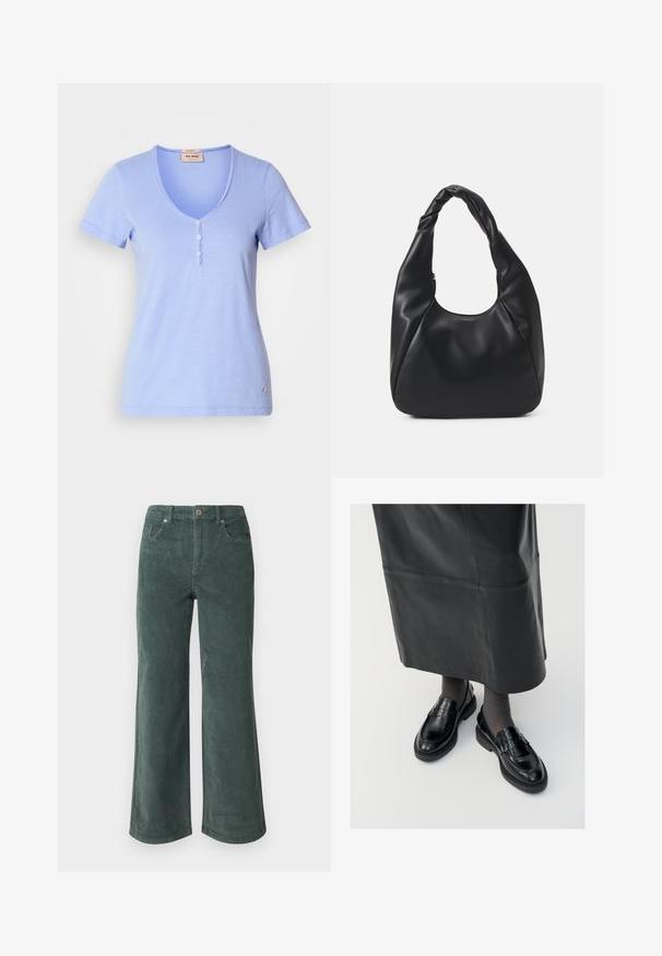 T-shirt de manga curta azul claro com decote em V e uma abertura de cinco botões, apresentando uma textura de tecido subtil. Pequeno logótipo na bainha.; Vero Moda Petite VMTESSA PANTS - Calças - balsam green; Mocassins de pele preta com um acabamento liso, apresentando uma fita decorativa, bico redondo e sola texturizada. Usados com uma saia longa de pele preta.; Saco hobo preto feito de um material semelhante a couro liso, com uma alça torcida, apresentando uma forma suave e arredondada e um fecho superior em zip.