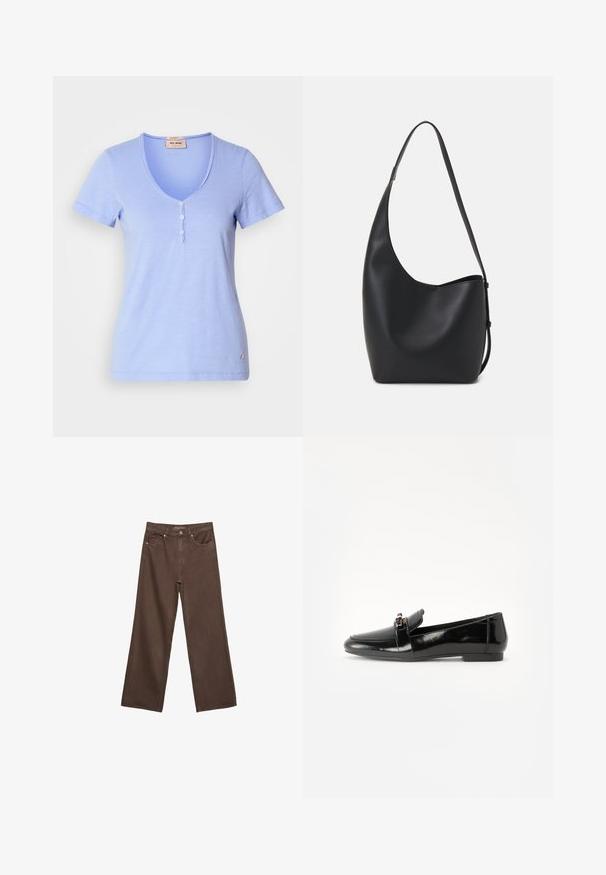 Svijetloplavi kratku rukavu T-shirt s v-izrezom i peta gumba na prednjem dijelu te suptilnom teksturom tkanine. Mali logo akcent na rubu.; Proširene smeđe traperice od denima, s visokim strukom, prednjim džepovima i klasičnom kopčom na dugme. Glatka tekstura s suptilnim šavovima.; Crni lakirani loafer s ravnim potplatom, zaobljenim prstom i ukrasnom trakom s zlatnim akcentom. Glatka, sjajna površina.; Crna kožna hobo torba s glatkom teksturom, zakrivljenim oblikom i jednom podesivom trakicom; ima širok otvor na vrhu.