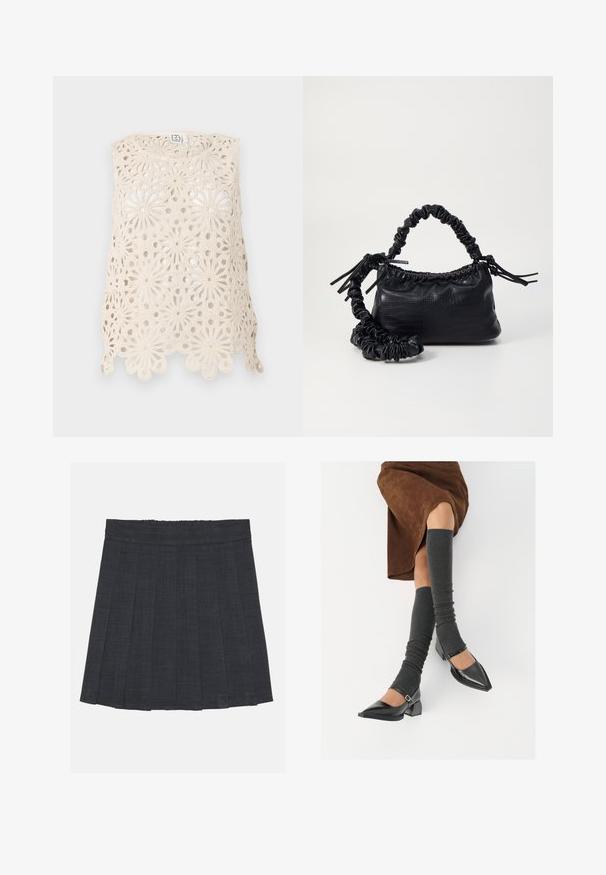 Top de ganchillo en color crema con patrones florales, que presenta un diseño de tejido abierto, un dobladillo festoneado y corte sin mangas.; Falda plisada gris oscuro con cinturilla elástica, que presenta una tela texturada y una silueta clásica en A. Adecuada para un estilo casual.; Zapatos de charol negros con punta afilada, tacón bloque y tira de tobillo, combinados con calentadores de piernas de canalé grises y una falda de ante marrón.; Bolso de mano de imitación cuero negro con textura de cocodrilo, parte superior fruncida y correa arrugada. Presenta un diseño suave y compacto.