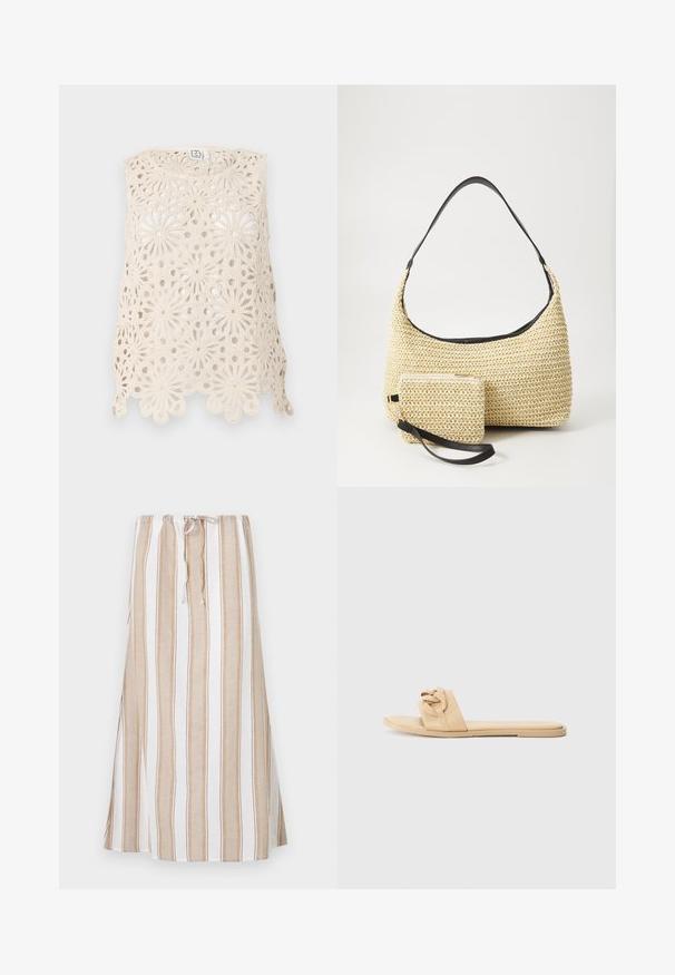 Háčkovaný top v krémové barvě s květinovými vzory, který má otevřenou pletenou strukturu, vlnitý spodní lem a bezrukávový střih.; Pruhovaná sukně v bílé a světle hnědé barvě, s tkaničkovým pasem a dlouhým, splývavým střihem. Vyrobena z lehkého materiálu s volným střihem.; Nahé skluzné sandály vyrobené z hladkého syntetického materiálu, s uzlovým designem pásku a plochou podrážkou, bez viditelného hardwaru nebo akcentů.; Tkaná slaměná taška s zakřiveným siluetou, která má hladký černý kožený popruh a odpovídající malou taštičku připevněnou zápěstním páskem.