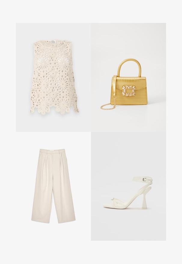 Top de ganchillo en color crema con patrones florales, que presenta un diseño de tejido abierto, un dobladillo festoneado y corte sin mangas.; Pantalones de pierna ancha beige con pliegues, con una textura suave y trabillas para cinturón. Corte a medida, ofreciendo un ajuste holgado alrededor de las piernas.; Sandalía de tacón alto con tiras en cuero blanco, con un diseño elegante, un tacón bloque transparente y un elemento decorativo en la punta.; Bolso de mano de imitación cocodrilo amarillo con un diseño estructurado, asa superior, correa de cadena desmontable y embellecimiento de cristal decorativo en el cierre.