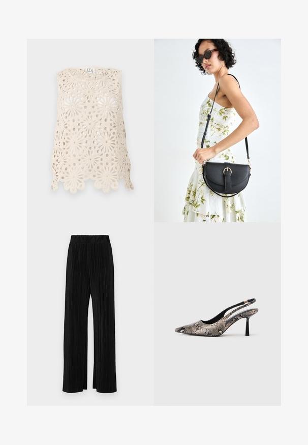 Kvačkana majica brez rokavov v kremni barvi z cvetličnimi motivi, z odprto tkanjem, robom v obliki valov in brezrokavnim krojem.; Črne plisirane hlače z elastičnim pasom. Imajo široke noge in gladko, teksturirano tkanino z navpičnimi črtami.; Cipele s izrezanim leđima i uskim potplatom, s karakterističnim oblikom na vrhu i teksturiranim uzorkom zmijske kože, imaju tanke crne potpetice i otvoreni dizajn sa strane.; Črna usnjena torbica s ukrivljeno obliko, z odstranljivo naramnico in zlatimi dodatki. Torbica ima pokrov s podrobnostmi v obliki zaponke.