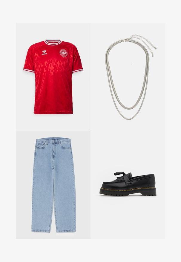 Hummel DENMARK DBU HOME JERSEY - Fotbollströjor - tango red; Ljusblå denimjeans med rak bendesign, midjehög midja, fem fickor samt knapp- och dragkedjestängning.; Svart läderloafer med en tofsdetalj, med en kraftig svart sula och gul söm längs kanten. Strukturerad yta.; Tre-lager silvermetallhalsband med eleganta, flexibla kedjor med en svag glans, säkrad med ett kräftklämma och justerbar kedja.