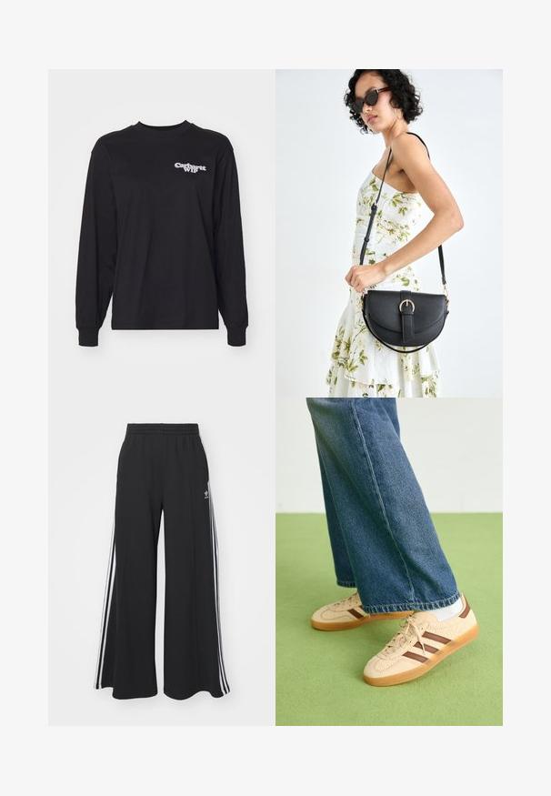 Black long-sleeve T-shirt made of cotton. Features a neckline and simple white "Carhartt WIP" logo on the left chest. Regular fit.; Black wide-leg sweatpants with an elastic waistband, featuring white side stripes and an embroidered logo on the left thigh.; Beige sneakers with textured cream panels and brown stripes, paired with blue denim jeans. The jeans have a wide leg and frayed hem.; Black leather handbag with a curved shape, detachable strap, and gold hardware. The bag features a flap with a buckle detail.