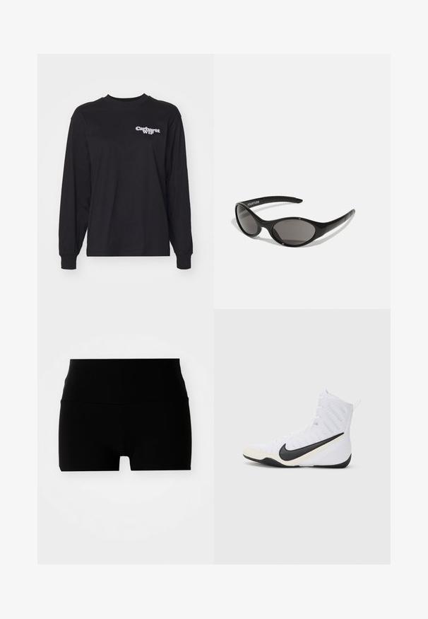 Czarna longsleeve z bawełny. Posiada dekolt oraz prosty, biały logotyp "Carhartt WIP" na lewej piersi. Klasyczny krój.; Czarne szorty z wysokim stanem, wykonane z gładkiego, elastycznego materiału i prostego, dopasowanego kroju. Brak widocznych wzorów lub elementów metalowych.; Białe buty sportowe Nike z czarnym logo. Charakteryzują się wysokim cholewką, teksturowanym wierzchem i wytrzymałą gumową podeszwą.; Czarne okulary przeciwsłoneczne o owalnym kształcie i ciemnych soczewkach. Smukła plastikowa oprawa z teksturowanymi akcentami na zausznikach. Logo marki po bokach.; Czarna skórzana torba na ramię z teksturowanym wykończeniem. Posiada trzy zewnętrzne kieszenie i regulowany pasek. Kompaktowy, zaokrąglony kształt.