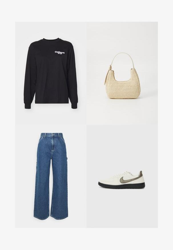 Melns garām piedurknēm T-krekls, izgatavots no kokvilnas. Piedāvā apaļa kakla izgriezumu un vienkāršu balto "Carhartt WIP" logotipu kreisajā krūtī. Regulāra piegriezuma.; Platleņķa zili džinsi ar augstu jostasvietu, kontrastējošām šuvēm un sānu kabatām, ar klasisku piecu kabatu dizainu un neapstrādātiem malām.; Nike Sportswear FIELD GENERAL - Treniņu apavi - off-white/black; Aušana salmu rokassoma béigā krāsā ar izliekto formu, īsu rokturi un sānu rāvējslēdzēju. Iespējas teksturēta virsma un minimālistisks dizains.