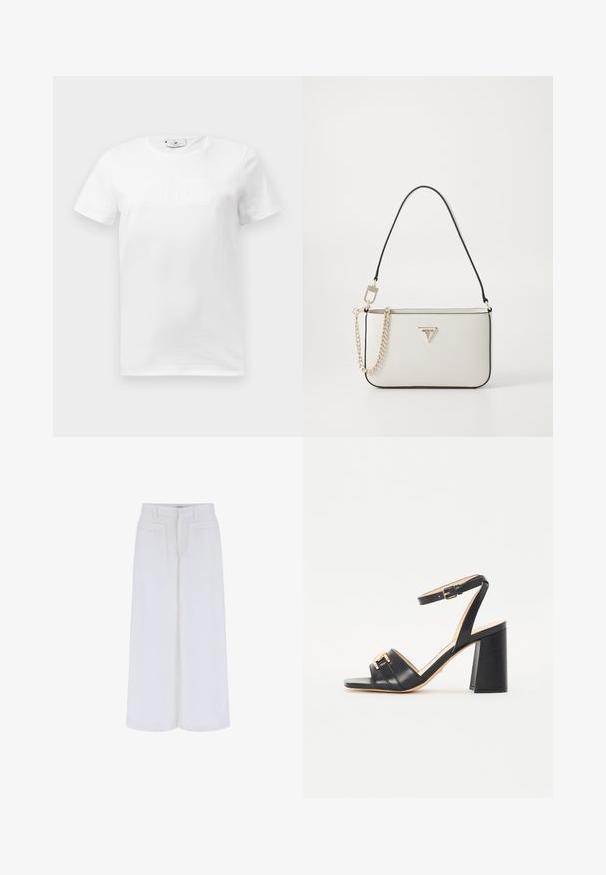 Valge puuvillane T-särk koos ümarate kraega. Esipinnal on diskreetne reljeefne graafiline kujundus. Lühikesed varrukad ja sirge äär.; Valged laiad püksid sujuva tekstuuriga, millel on kaks esistaskut ja nööbilukk, on loodud mugava sobivuse jaoks.; Mustad musta värvi kõrged kontsad, mis on valmistatud siledast nahast, käriseva varbaga, pahkluu rihmaga ja kuldse aksessuaariga ees.; Valge tekstureeritud käekott musta äärega, millel on kuldne kett, eraldi eemaldatav õlavarre rihm ja kolmnurkne logo aktsent.