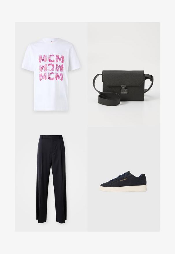 Balta medvilninė marškinėlių su ryškiomis rožinėmis koralų ir žvaigždučių dizaino detalėmis, išdėstytomis tinklelio raštu priekyje.; Juodi, aukštai užtraukiami kelnių modeliai su plačiomis kojomis, pagaminti iš lygaus audinio. Yra priekiniai raukšlės ir diržo kilpos. Minimalistinio dizaino, be matomų detalių.; Tamsiai mėlynos zomšos žemos batai su balta siaura, tamsiai mėlynais raišteliais ir auksiniu logotipu „Filling Pieces“ šone.; Juodas odinis kryžminis krepšys su tekstūruotu paviršiumi, užsegimas ant atverčiamos dangtelio, metalinėmis detalėmis ir priderintu reguliuojamu dirželiu.