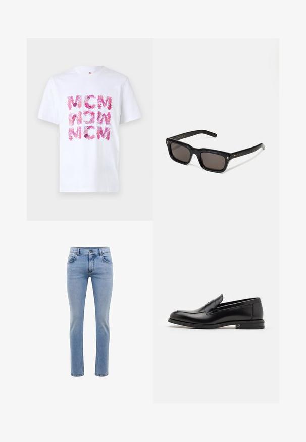 Bílá bavlněná tričko s živými vzory růžového korálu a hvězdic uspořádanými do mřížkového vzoru na přední straně.; Svetle modré džíny z denimu s úzkým střihem, pět kapsami a rovnými nohavicemi. Obsahují zip a poutka na opasek. Měkká textura.; Černé kožené polobotky s hladkou texturou, zaoblenou špičkou a zdobným páskem přes nárt. Nízký stohovaný podpatek, minimalistický design.; Černé obdélníkové sluneční brýle s tmavými skly, silným plastovým rámem, zlatými akcenty na spáncích a vyrytým logem značky na nožičce.