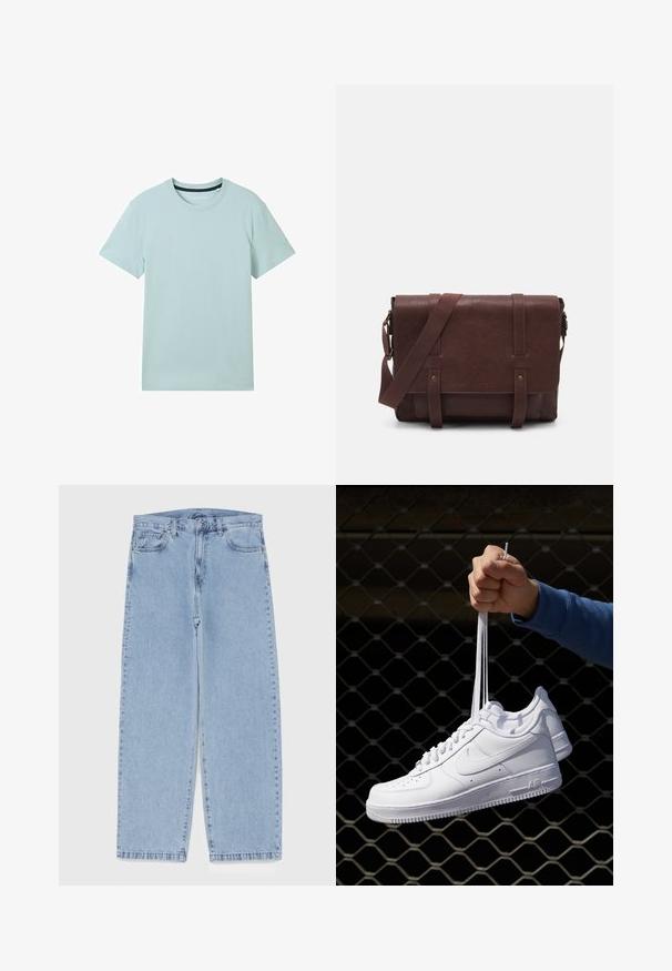T-shirt azzurro chiaro a maniche corte realizzato in tessuto morbido. Presenta un collo rotondo, un design semplice e senza motivi o dettagli visibili.; Jeans in denim azzurro chiaro con design a gamba dritta, caratterizzati da una vita media, cinque tasche e chiusura con bottone e zip.; Sneakers in pelle bianca con perforazioni, punta rotonda, suola piatta e lacci spessi, con logo swoosh visibile e "AIR" sul tallone.; Borsa a tracolla in pelle marrone con un davanti piatto, due cinghie, dettagli in metallo dorato e una tracolla regolabile.