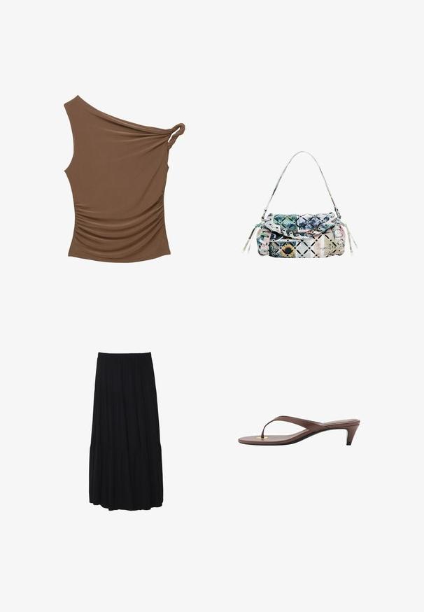 Brun én-skulder top med en snoet knude detalje og samlede tekstur på siden, lavet af et blødt, strækbart materiale.; Sort midi-nederdel med tiered design og elastisk talje, lavet af blødt stof, der har en svævende silhuet og en glat tekstur.; Brune hælflip-flop sandal med en slank rem og rund tåpost, der har et lille guldaccent på fodsengen.; Mønstret håndtaske i flere farver med en quiltet overflade, forskellige mønstre, flæset top og sølvhardware. Inkluderer justerbar skulderrem.