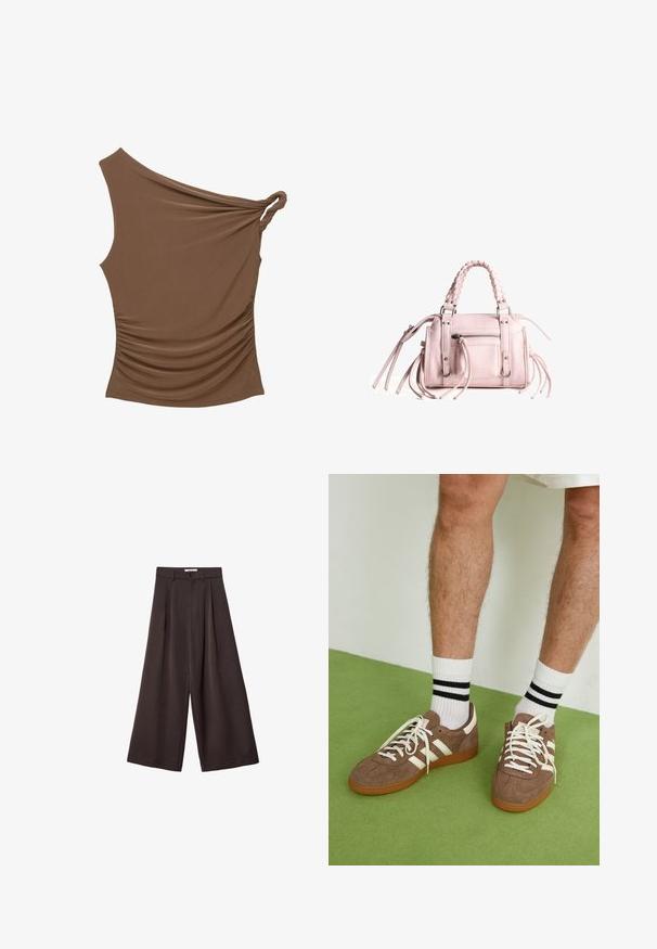 Brown one-shoulder top with a twisted knot detail and gathered texture on the side, made from a soft, stretchy material.; Black wide-leg trousers with a high waist, featuring front pleats and a button closure at the waist, made from smooth fabric.; Brown suede sneakers with white accents and laces. Rubber gum sole. Worn with white socks featuring black stripes. Green textured flooring.; Pink handbag with braided top handle, silver hardware, front zipper pocket, and long tassels on sides; textured faux leather material.; Stradivarius SET - Bracelet - dark brown
