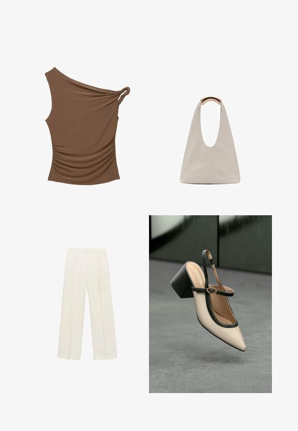 Brun én-skulder top med en snoet knude detalje og samlede tekstur på siden, lavet af et blødt, strækbart materiale.; Bredbenede bukser i en lys cremefarve. Fremstillet af et glat stof med plisseringer foran og sidelommer.; Beige høje hæle slingback-sko med spids tå, sort kant og spænde detalje. Glat materiale med mat finish, mellemstor blokhæl.; Lysegrå lædertaske med et U-formet design og et buet metallisk håndtag. Glat tekstur med minimal syning og ingen synlige mønstre.