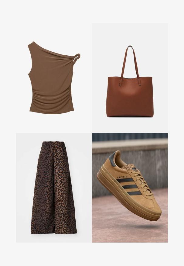 Braunes, einseitiges Top mit einem gedrehten Knoten und geraffter Textur an der Seite, aus einem weichen, dehnbaren Material gefertigt.; Weite Hose aus glattem Stoff, mit braunem Hintergrund und schwarzem Leopardenmuster sowie einem elastischen Bund.; Beige Wildledersneaker mit glatter Oberfläche, drei dunklen Streifen, abgerundetem Zehenbereich und einer dickeren Sohle mit strukturiertem Rand.; Braune Leder-Tote mit glatter Textur, offenem Oberteil und zwei Schulterriemen. Verfügt über minimale Nähte und keine sichtbaren Beschläge.