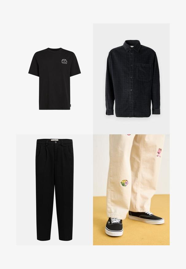 T-shirt en coton noir avec un col rond, des manches courtes, et un petit logo blanc imprimé sur le côté gauche de la poitrine, présentant une coupe décontractée.; Chemise à manches longues à carreaux noirs en tissu doux, avec un devant à boutons, un col et une poche poitrine.; Pantalon noir taille haute à jambes droites avec passants pour ceinture, plis sur le devant, poches latérales et fermeture par bouton à la taille.; Pantalon en coton beige avec des motifs brodés ludiques, incluant un personnage rose et un bloc de couleur, associé à des baskets noires à lacets.