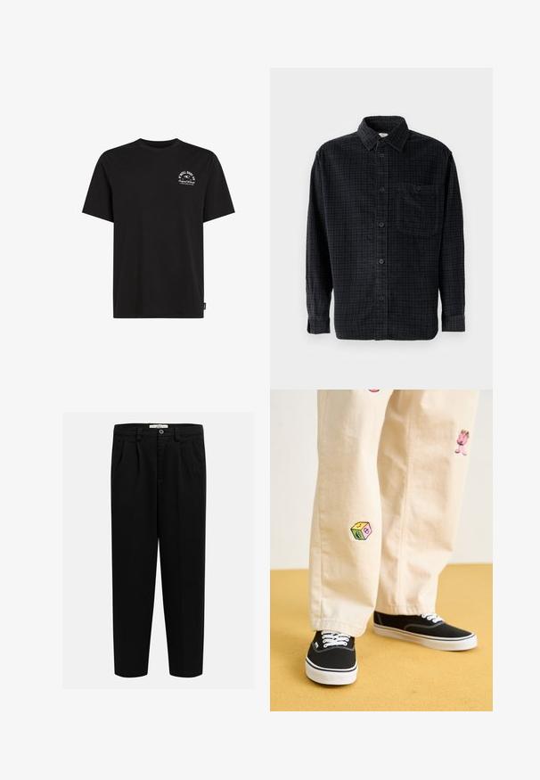 Black cotton t-shirt with a crew neck, short sleeves, and a small white printed logo on the left chest, featuring a relaxed fit.; Black checkered long-sleeve shirt made from soft fabric, featuring a button-up front, collar, and a chest pocket.; Black trousers made of soft fabric, featuring a straight-leg design, front pleats, and a button closure at the waist.; Beige cotton pants with playful embroidered designs including a pink character and colored block, paired with black lace-up sneakers.