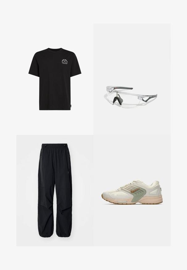 Black cotton t-shirt with a crew neck, short sleeves, and a small white printed logo on the left chest, featuring a relaxed fit.; Black lightweight cargo pants with an elastic waistband, side zippers, and spacious pockets. Features a loose fit and tapered cuffs.; Low-top athletic sneaker in beige with light green side panel, white mesh upper, brown Nike swoosh, and beige sole with visible air cushion.; Clear safety glasses with a lightweight, transparent frame and gray accents. Features a wraparound design and adjustable nosepiece.