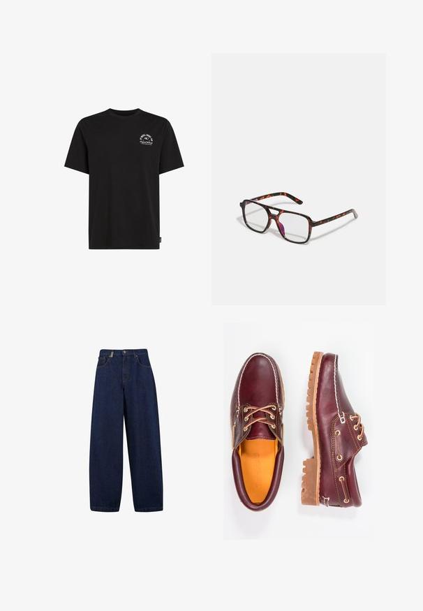 Black cotton t-shirt with a crew neck, short sleeves, and a small white printed logo on the left chest, featuring a relaxed fit.; Loose-fit dark blue denim jeans with a high waist, front pockets, and straight leg design. Includes silver-tone hardware and minimal stitching.; Burgundy leather shoes with brown rubber soles, round toe, white stitching, and gold eyelets. Interior features a yellow lining.; Tortoiseshell-patterned eyeglasses with rectangular lenses, black and orange frames, featuring a glossy finish and slender temples.