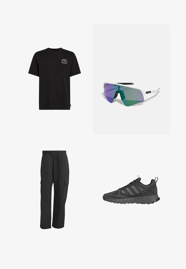 Musta puuvillanen t-paita, jossa on pyöreä kaula-aukko, lyhyet hihat ja pieni valkoinen painettu logo vasemmassa rinnassa. T-paidassa on rento malli.; Mustat cargo-housut, joissa on elastinen vyötärö, sivutaskut, vapaa istuvuus ja teksturoitu kangas. Suunniteltu mukavuutta ja käytännöllisyyttä varten.; Mustat urheilukengät, joissa on verkko- ja nupukkipintä, teksturoitu kumipohja, pehmustettu nilkkaosa ja erottuva kolmistripesuunnittelu harmaana.; Urheilulasit, joissa on valkoinen kehys ja suuret liukuvärilasin, joissa on violetteja ja vihreitä sävyjä; teräväkulmainen muotoilu ja keskeinen nenäsilta.