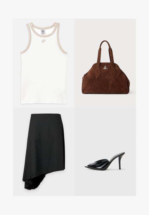 Witte geribde tanktop met beige afwerking en een klein geborduurd logo aan de voorkant, met een ronde halslijn en zonder mouwen.; Zwarte rok met streepdessin en een asymmetrische zoomlijn, met ruwe randen. Gemaakt van lichte stof met een soepele textuur.; Zwarte leren muiltjes met hoge hakken, open teen, spitse vorm, gladde textuur en een slanke stiletto-hak.; Bruine suède handtas met een gestructureerde vorm, ronde body en verlengde ruitvormige handvatten. Voorzien van een sluiting met zilveren hardware.