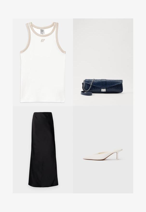 Biely rebrovaný top bez rukávov s béžovým lemovaním a malým vyšívaným logom na prednej strane, s okrúhlym výstrihom.; Norma Kamali BIAS OBIE SKIRT - Maxisukňa - black; Biele muly s ostrou špičkou a nízkym stiletto podpätkom. Vyrobené z hladkého materiálu s minimalistickým dizajnom a jemným detailom na tanovej podrážke.; Tmavomodrá kožená kapsička s krokodílovou textúrou, strieborný reťazový popruh a kovová spona. Obdĺžnikový tvar so sklápacím dizajnom.
