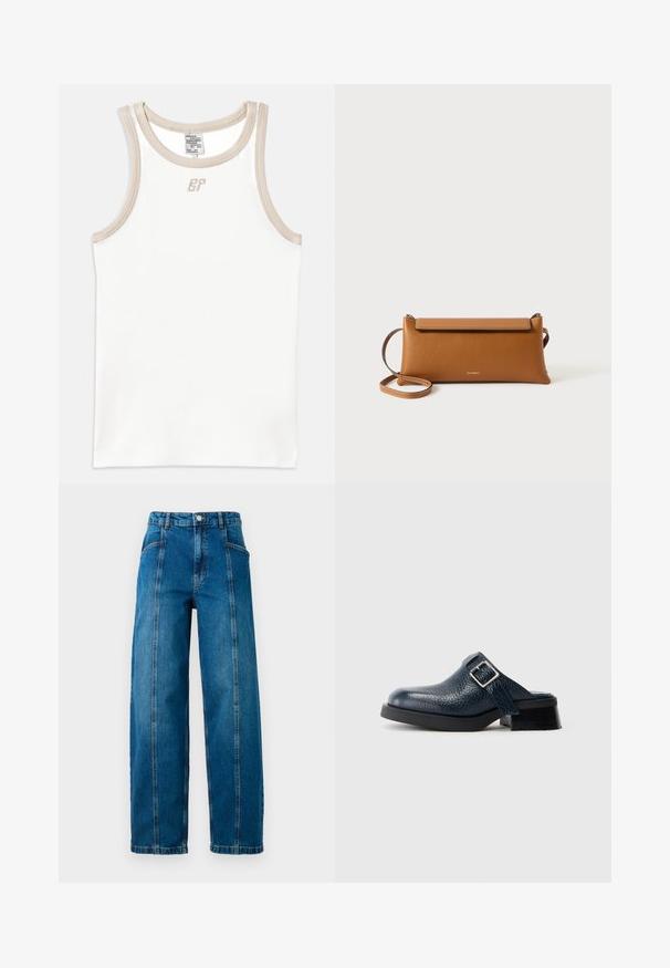 Bjela rebrasta majica bez rukava s bež obrubom i malim izvezenim logotipom sprijeda, s okruglim izrezom.; Visoke plave traperice s širokim nogavicama, prednjim vertikalnim šavovima, bočnim džepovima, petljama za remen i kopčanjem na dugme.; Tamno plavi kožni klompi s teksturiranim završetkom, s bočnom trakom i srebrnom kopčom, postavljeni na nisku crnu petu s čvrstim potplatom.; Smeđa kožna torbica, pravokutnog oblika, teksturirane površine, s odvojivim remenom, zatvaranjem na patentni zatvarač, diskretni logotip utisnut sprijeda.