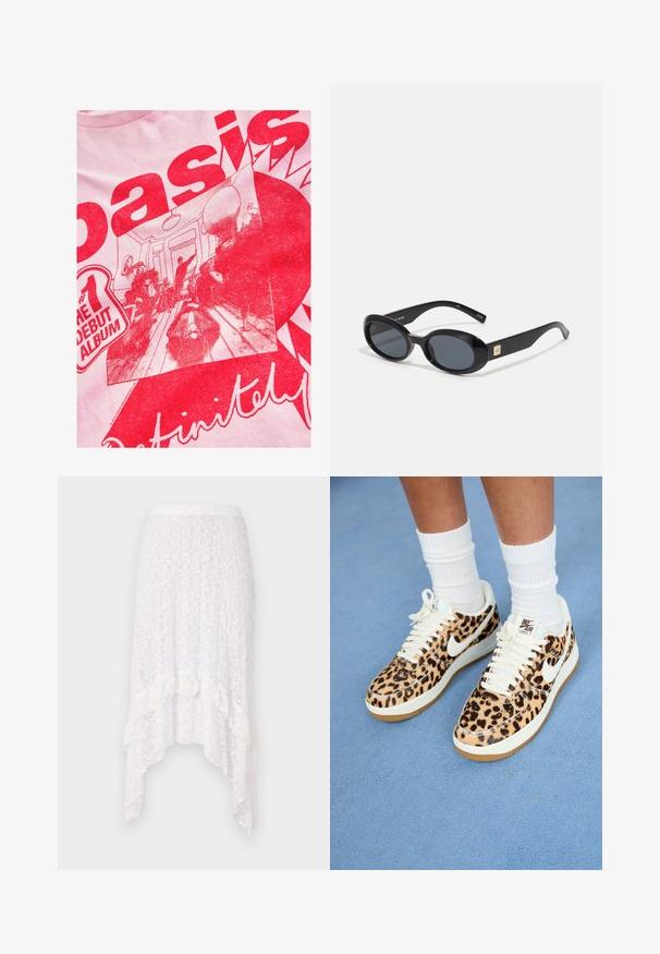 Svijetlo ružičasta majica s odvažnim crvenim grafičkim motivom s tekstom i ilustriranom scenom ljudi u prostoriji s namještajem i detaljima dekoracije.; Bijela čipkasta suknja s teksturiranim cvjetnim uzorkom, asimetričnom porubom i nabranim detaljima na dnu, koja ima elastičnu pasicu.; Nike Air Force 1 tenisice u uzorku leopard sa bijelim vezicama i swoosh oznakom, s tan gumiranim potplatom i teksturiranim gornjim dijelom. Bijele kratke čarape su vidljive.; Crne ovalne sunčane naočale s tamnim staklima, sjajnim plastičnim okvirom, širokim krakovima i malim zlatnim detaljem s jedne strane.; Torba s uzorkom leoparda, zakrivljenog ručka, izrađena od mekog materijala, s zatvaranjem na rajsferšlus na vrhu i crnim detaljima na rubovima.