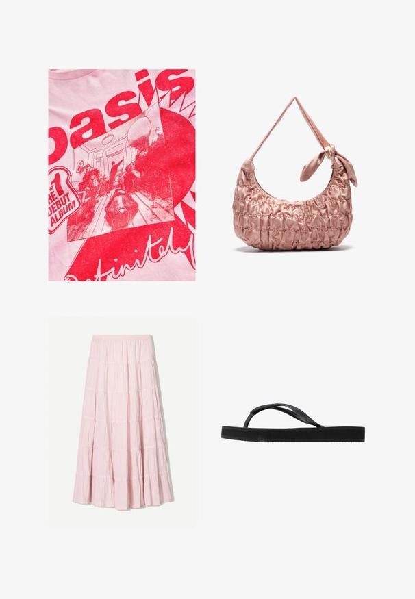 Svetloružové tričko s odvážnou červenou grafikou a textom, znázorňujúcim scénu ľudí v miestnosti s nábytkom a dekoráciami.; Svetloružová maxi sukňa s viacerými vrstvami, vyrobená z textilného, ľahkého materiálu. Elastický pás a splývavý lem s riasenými akcentmi.; Čierne šľapky s textúrovaným remienkom a hrubou podrážkou, ktoré majú plochý dizajn a hladký povrch. Podrážka má jemný protišmykový vzor.; Ružová saténová ramenná taška s nčasovanou štruktúrou, zakriveným tvarom a detailem uzlového popruhu. Hladký povrch s prešitými akcentmi.