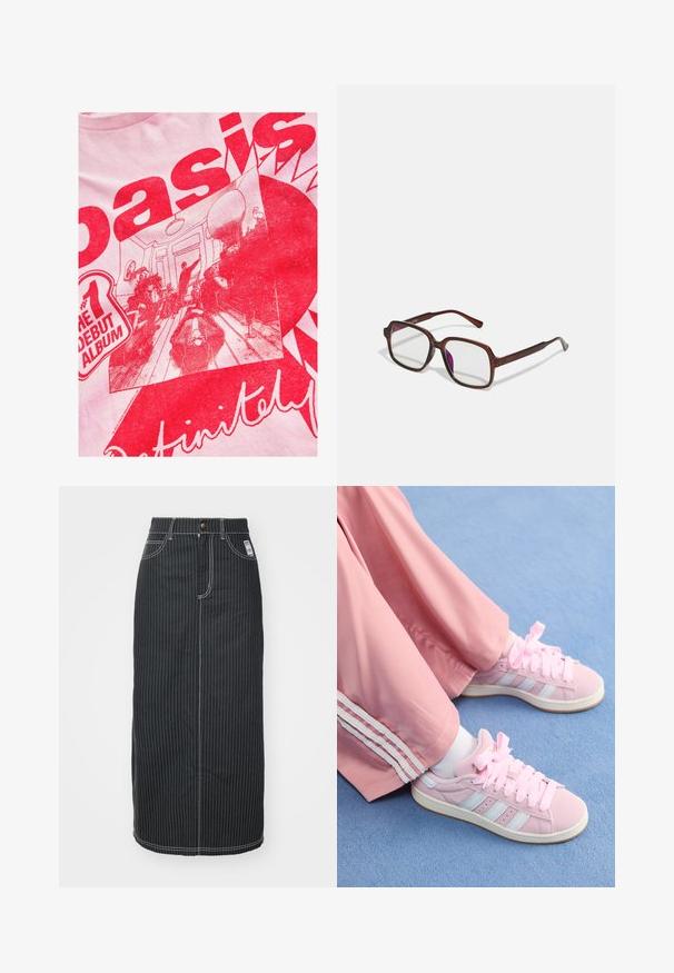 Maglietta rosa chiaro con grafica rossa audace che presenta testo e una scena illustrazione di persone in una stanza con dettagli di mobili e decorazioni.; Gonna midi in denim nero con strisce verticali bianche. Presenta una vita con bottoni, due tasche anteriori e cuciture a contrasto. Design a taglio dritto.; Scarpe da ginnastica rosa con strisce azzurro chiaro, punta tonda e spesse lacci rosa, abbinate a pantaloni da jogging rosa con strisce bianche ai lati.; Occhiali rettangolari marroni con lenti trasparenti e tonalità viola. Montatura in plastica liscia con stanghette dritte e accenti sottili.