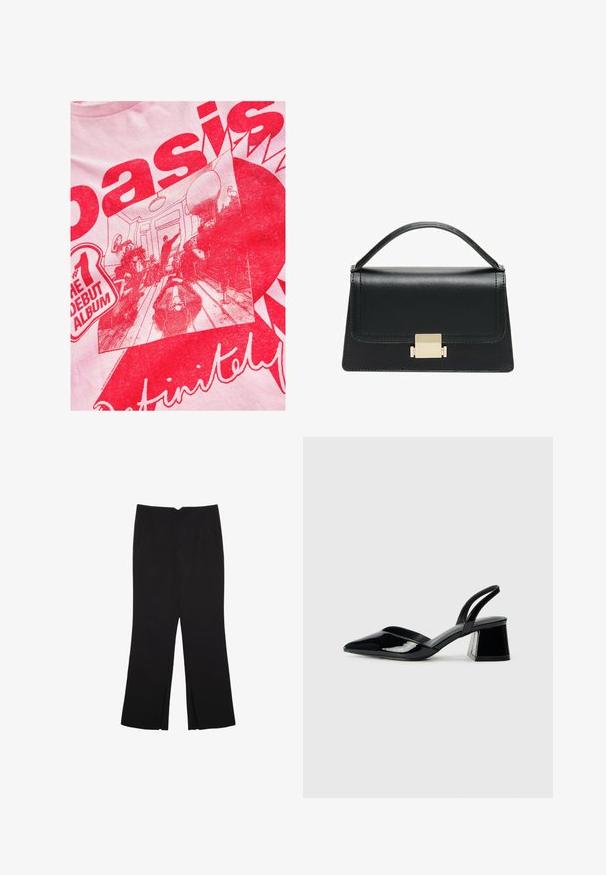 Lyserød t-shirt med en kraftig rød grafik, der indeholder tekst og en illustreret scene af mennesker i et værelse med møbler og dekorationsdetaljer.; Sorte bukser med lige pasform, der har frontlommer og slidser i kanten. Lavet af blødt, glat stof. Velegnet til forskellige anledninger.; Sorte patentlæder slingback hæle med spids tå og en geometrisk blok hæl. Har et elegant, minimalistisk design og en glat tekstur.; Sort læderhandtaske med et struktureret design, topbærerhåndtag og en detalje i guldfarvet metalklap på fronten. Glat tekstur, minimal syning.
