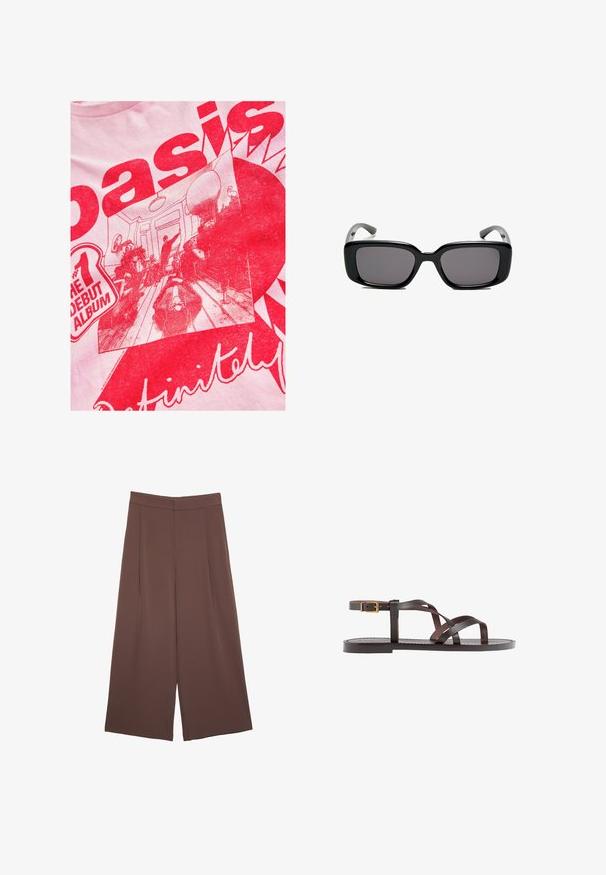 Ljusrosa t-shirt med en djärv röd grafik som innehåller text och en illustrerad scen av människor i ett rum med möbler och inredningsdetaljer.; Bruna vida byxor med en slät textur, som har hög midja och framfickor. Tyget är lätt och flödar löst.; Bruna lädersandaler med korsade remmar, spänne runt vristen och en platt sula med minimala sömnadsdetaljer.; Svarta rektangulära solglasögon med mörka linser, slimmad plastbåge och böjda tempel. Designen är kraftig med en minimalistisk estetik.