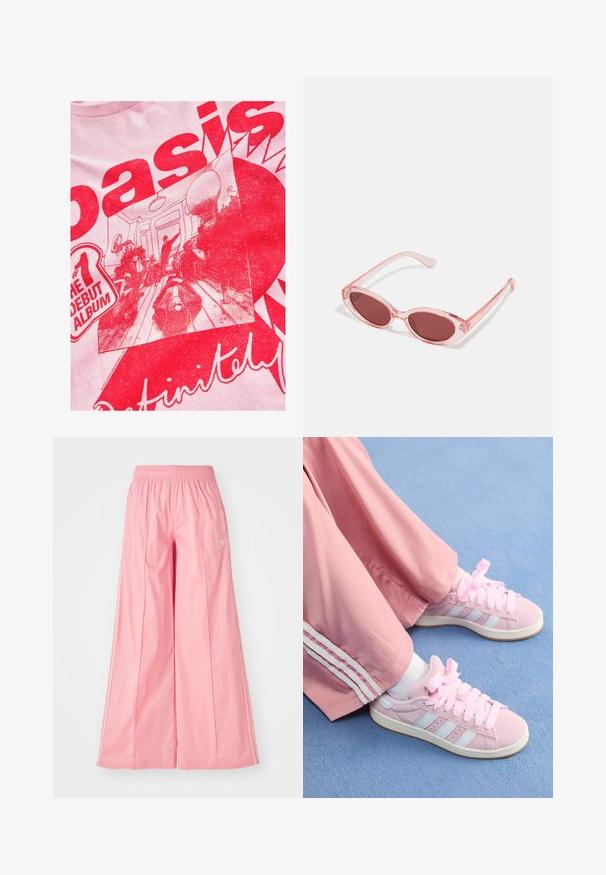 Világos rózsaszín póló, merész piros grafikával, amely szöveget és egy illusztrált jelenetet ábrázol emberekkel egy bútorokkal és dekorációs részletekkel teli szobában.; Rózsaszín, széles lábú nadrág, könnyű anyagból készült, elasztikus derékkal és finom fehér oldalsávokkal. Kicsi logó az elején.; Rózsaszín sportcipők világoskék csíkokkal, kerek orral és vastag rózsaszín fűzőkkel, rózsaszín tréningnadrággal párosítva, fehér oldalsínekkel.; Rózsaszín, átlátszó napszemüveg ovális lencsékkel, sötétpiros árnyalattal és vékony karokkal, sima felülettel és diszkrét díszítéssel a kereten.