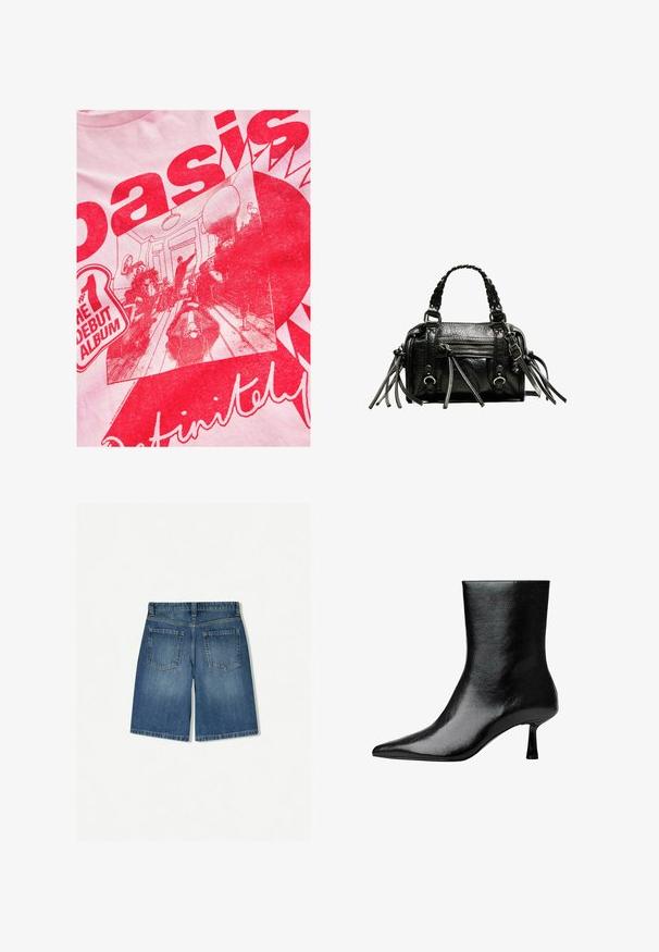 Světle růžové tričko s výraznou červenou grafikou, na které je také text a ilustrovaná scéna lidí v místnosti s nábytkem a detaily výzdoby.; Džínové šortky ve středně modré barvě s volným střihem, obsahující dvě zadní kapsy a čistý, rovný lem. Klasický design s pěti kapsami.; Černé kotníkové boty vyrobené z lesklé kůže s špičatou špičkou a úzkým podpatkem, se hladkým povrchem a minimalistickým designem.; Černá kožená kabelka s pletenými držadly, texturovaným povrchem, přední kapsou na zip a dekorativními třásněmi. Kompaktní a strukturovaný tvar.