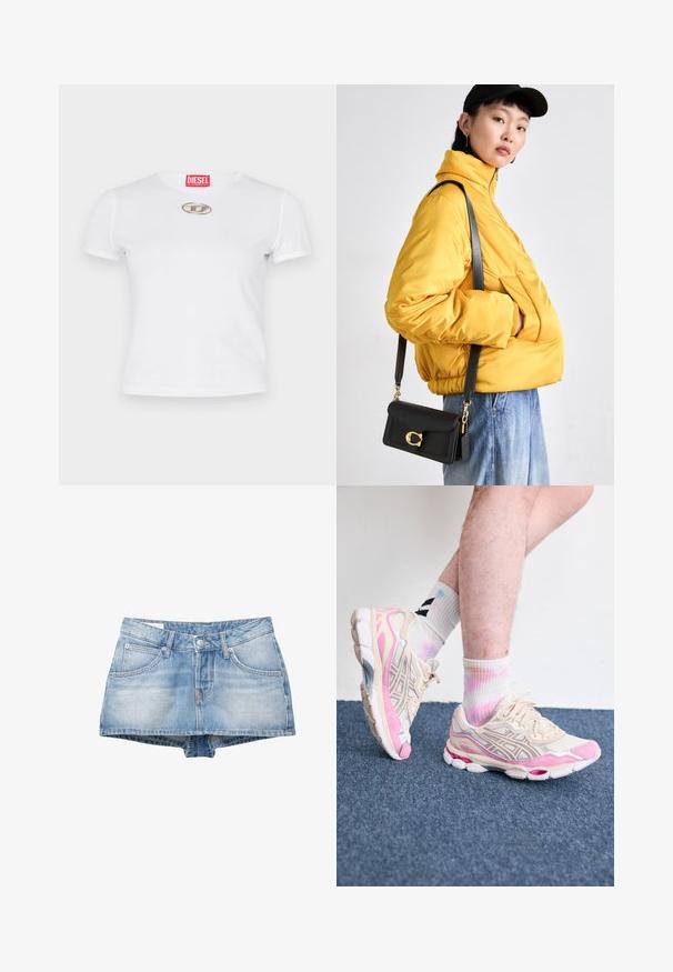 Bela bombažna majica s prilegajočim krojem, kratkimi rokavi in srebrnim ovalnim logotipom na prsih. Rdeča blagovna znamka na izrezu.; Denim kratke hlače v svetlo modri barvi z izrabljenim videzom. Imajo pet žepov in sprednje zapiranje na gumb. Klasičen kroj s ravnim robom.; Bež in roza športni copati s srebrnimi detajli, mrežnimi prekrivali in debelim podplatom. Obuti s pisanimi, tie-dye nogavicami.; Rumena oblazinjena jakna z visokim ovratnikom in sprednjim žepom, v kombinaciji s črno torbico čez ramo z zlatimi dodatki. Priložnostni denim hlače.