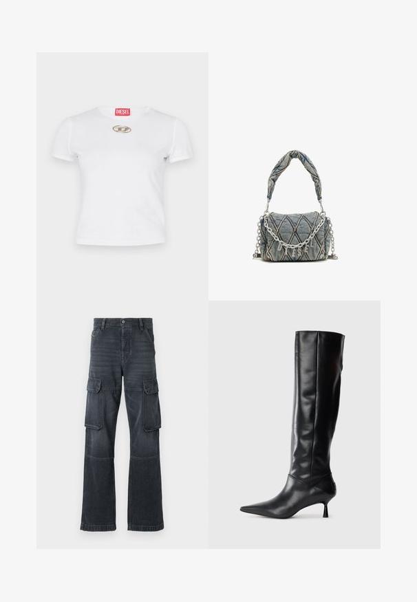Fehér pamut póló, testhez simuló fazonnal, rövid ujjakkal és ezüst színű, ovális logóval a mellrészen. Piros márkacímke a nyaknál.; Sötétszürke cargo nadrág, denim anyagból készült, két oldalsó zsebbel és széles lábú fazonnal. Varrott részletezés a varratokon és éleken.; Fekete bőr, térd fölé érő csizma hegyes orral és karcsú, ívelt sarokkal. Sima tapintás, testhez simuló kialakítás, és látható fémalkatrészek vagy minták nélkül.; Farmer táska steppelt mintával, kék színben, rövid fonott kézi fogantyúval és ezüst lánc pánttal, amelyen fényes márkaneves díszítés található.