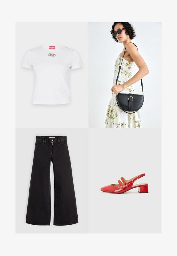 White cotton t-shirt featuring a fitted design, short sleeves, and a silver oval logo accent on the chest. Red brand label on neckline.; Wide-leg jeans in black denim with a zippered front, five-pocket design, and subtle stitching details. Smooth texture and casual style.; Red patent leather slingback shoe with a pointed toe, two strap design featuring circular accents, and a low block heel.; Black leather handbag with a curved shape, detachable strap, and gold hardware. The bag features a flap with a buckle detail.