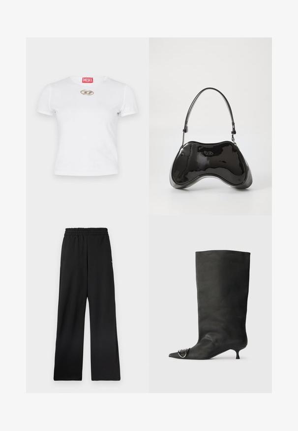 Balta kokvilnas T-kreklu ar piegriezumu, īsām piedurknēm un sudraba ovālu logotipu akcentu uz krūtīm. Sarkanā markas etiķete uz kakla apļa.; Melni platām kāju bikses ar elastīgu jostasvietu, izgatavotas no gludas materiāla. Nav kabatu vai izteiktu rakstu.; Melnas ādas potīšu zābaki ar smailu purngalu, mazu papēdi un metāla akcentu uz purngala. Gluda, matēta virsma visā zābaku garumā.; Melnas lakota Ādas rokassoma ar unikālu izliekta formu, īsu regulējamu rokturi un ar rāvējslēdzēju aizdarāmu augšu. Gluda tekstūra ar smalku zīmolu.