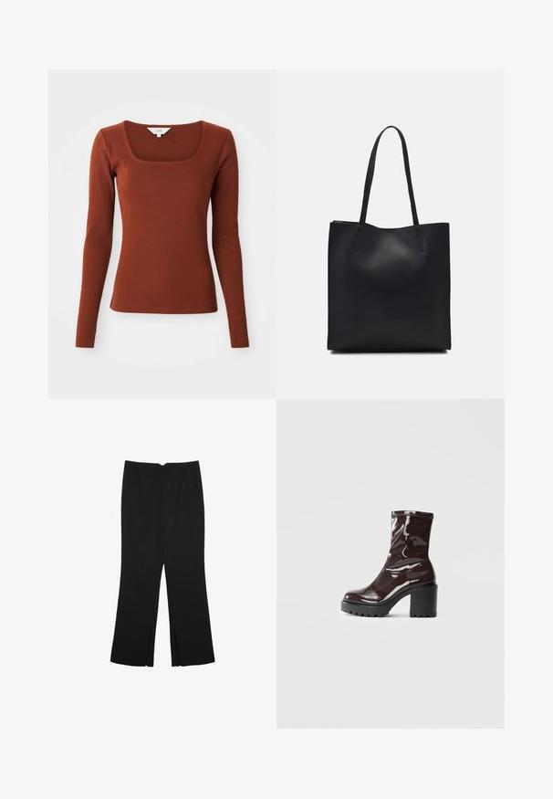 Dugotrukaš s rebrastim uzorkom u boji rđe, s kvadratnim izrezom, priljubljenim siluetom i malom oznakom branda na ovratniku.; Crne hlače ravnog kroja, s prednjim džepovima i bočnim prorezima na rubu. Izrađene od mekog i glatkog materijala. Pogodne za razne prigode.; Sjajna burgundska čizma do gležnja s debelim crnim potplatom, koja se odlikuje glatkom teksturom i jednostavnim dizajnom. Nema vidljivih kopčanja ili uzoraka.; Crna kožna torba za nošenje s glatkom teksturom, pravokutnim oblikom i dvije duge ručke. Nema vidljivih metalnih dijelova ili ukrasa.