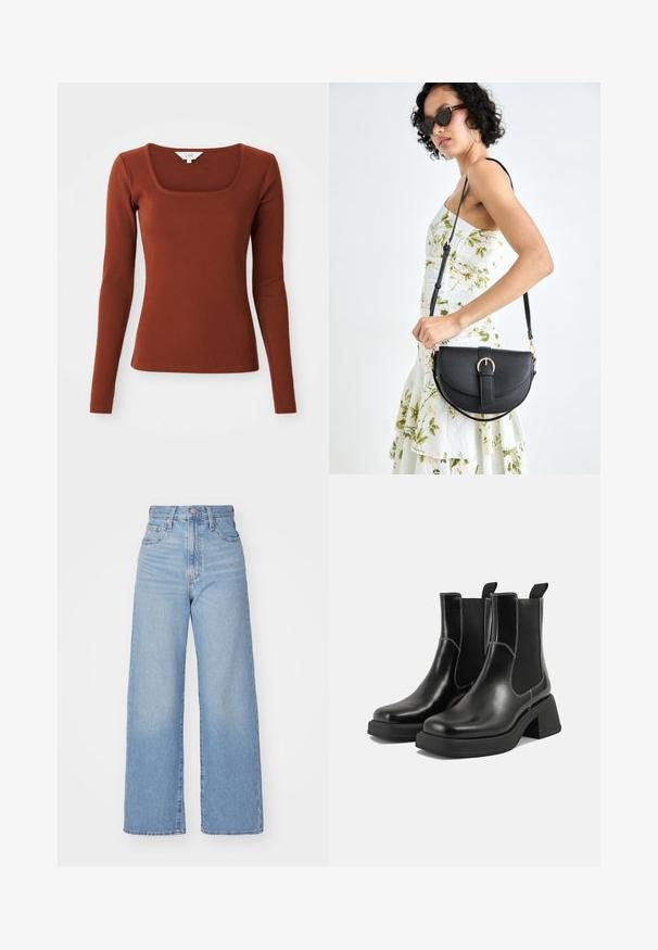 Rdzawy, prążkowany top z długim rękawem o kwadratowym dekolcie, dopasowany, z małą metką marki przy kołnierzu.; Jasnoniebieskie jeansy z wysokim stanem i szerokimi nogawkami, z zapięciem na guziki i zamek z przodu, przednie i tylne kieszenie, na białym tle.; Czarne skórzane botki Chelsea na mocnej podeszwie, z elastycznymi panelami bocznymi i kontrastującym białym ściegiem. Teksturowane wykończenie.; Czarna skórzana torebka o zakrzywionym kształcie, z odpinanym paskiem i złotymi akcentami. Torebka posiada klapę z zapięciem w kształcie klamry.