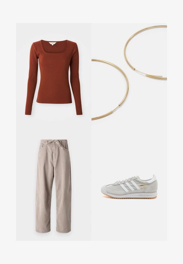 Rust-colored ribbed long-sleeve top with a square neckline, fitted silhouette, and a small brand label at the collar.; Beige corduroy trousers with a loose fit, featuring a drawstring waist, two front pockets, and vertical ribbed texture.; Light grey sneaker made of suede and mesh, featuring three white stripes, round toe, and a gum rubber sole. Gold logo accent near laces.; Gold-colored hoop earrings, thin and round in shape, with a smooth metallic finish and no embellishments or patterns.
