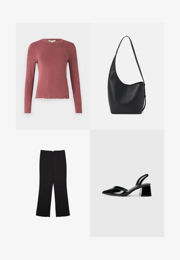 Majica z dolgimi rokavi v prašno rožnati barvi, z okroglim izrezom in rahlo skrajšanim, valovitim robom. Gladek, raztegljiv material.; Črne hlače ravnega kroja z naglavnimi žepi in stranskimi razporki na robu. Narejene iz mehke, gladke tkanine. Primerne za različne priložnosti.; Črne lakirane slingback pete s koničastim nosom in geometrijsko blokasto peto. Imajo eleganten, minimalističen dizajn in gladko teksturo.; Črna usnjena hobo torba z gladko teksturo, ukrivljeno obliko in eno nastavljivo naramnico; ima širok odprtina na vrhu.