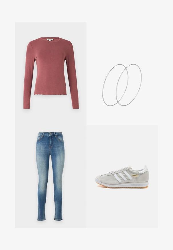 Dlhý rukáv v jemnej ružovej farbe, so zaobleným výstrihom a mierne skráteným, vlnitým lemom. Hladká, elastická látka.; Chudé džíny vo svetlom modrom denime. Majú stredne vysoký pás, päť vreciek a jemné vyblednutie na prednej a zadnej strane pre opotrebovaný vzhľad.; Svetlosivé tenisky vyrobené z kože a sieťoviny, s tromi bielymi pruhmi, okrúhlou špičkou a gumovou podrážkou. Zlatý logový akcent pri šnúrkach.; Strieborné kruhové náušnice s minimalistickým dizajnom. Cirkulárny tvar, hladký povrch a tenký profil. Ľahké s lesklým povrchom.