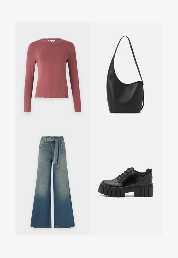 Bluza cu maneci lungi în nuanța roz prăfuit, cu guler rotund și un tiv ușor scurt și zimțat. Material neted, elastic.; Pantaloni din denim largi, cu un gradient de la albastru deschis la albastru închis, talie înaltă, bucle pentru curea și o curea din același material. Finisaj texturat din denim.; Pantofi cu talpă plată din piele neagră, cu toc gros, vârf rotund și design tradițional cu șireturi. Prezintă o textură netedă și detalii minime.; Geantă hobo din piele neagră, cu o textură netedă, formă curbată și un singur bretele ajustabil; are o deschidere largă în partea de sus.