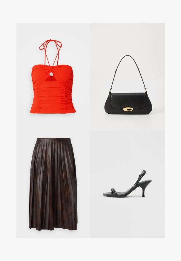 Červený priliehavý halterneck top s riasenou textúrou, s kľúčovou dierkou v strede a nastaviteľnými viazacími ramienkami. Zipsové zapínanie na chrbte.; Hnedá plisovaná midi sukňa vyrobená z kože, s pásom a splývavým siluetom so zvislými záhybmi po celej látke.; Čierne kožené sandále na vysokom podpätku s štíhlym, zakriveným podpätkom a prekríženým pásikovým dizajnom. Nastaviteľný pásik okolo členka. Hladká textúra.; Čierna kožená kabelka s prehnutým dizajnom, zlatými kovovými detailmi a horným uchom. Má elegantné zatvorenie a hladký povrch.