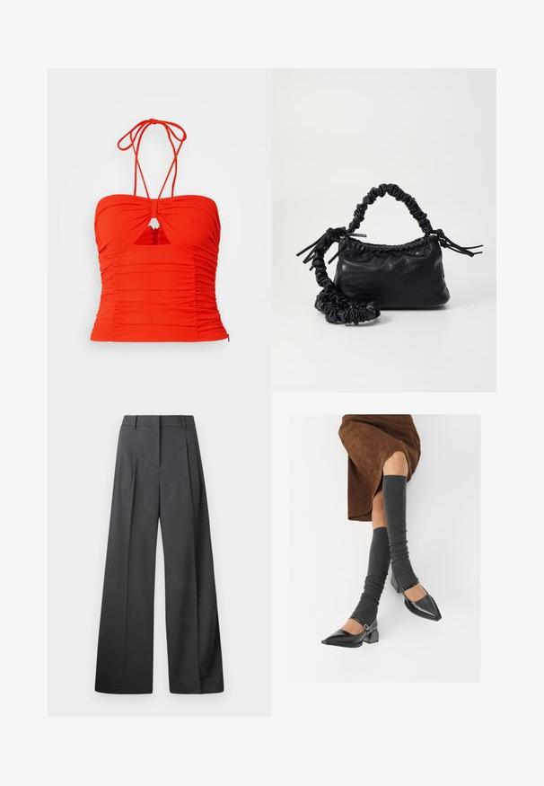 Sarkans pieguļošs halter tops ar raupju tekstūru, ar atslēgas caurumu centrā un regulējamiem siksnām. Aizmugurē ir rāvējslēdzēja aizdare.; Platās kājas bikses tumši pelēkā audumā, ar augstu jostasvietu, ar vienu uzpūstu vīli un gludu tekstūru ar tīru apdari ap malām.; Melnas laka ādas apavi ar norādītu purngalu, blokveida papēdi un potīšu jostu, saskaņoti ar pelēkām ribotām kāju sildītājām un brūnu zamšādas svārku.; Melnā mākslīgās ādas rokassoma ar krokodila rakstu, savilkta augšdaļa un saburzīta siksna. Izskatās mīksta un kompakta pēc dizaina.