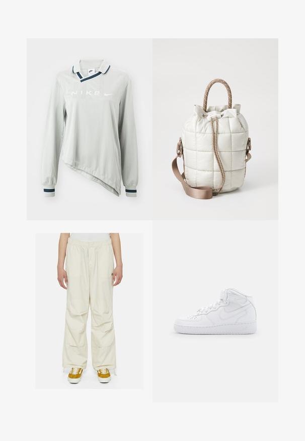 Nike Sportswear Polo krekls - light iron ore/flax/white; Krēmkrāsas cargo bikses ar brīvu piegriezumu, elastīgu jostasvietu un vairākām kabatām. Valkātas ar brūniem un baltiem sporta apaviem uz baltas fona.; Balti augstie sporta apavi, izgatavoti no ādas, ar mīkstu apkakli, perforētu pirkstu daļu, auklām un regulējamu potīšu siksnu; ar logotipu sānos.; Pīrāgojuma gaiši beidžs soma ar savilktu augšpusi, kas aprīkota ar bizīgām rokturiem un noņemamu siksnu. Gluda tekstūra ar maigu spīdumu.
