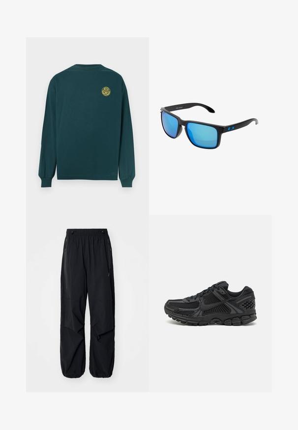 Camisa de manga larga de algodón verde oscuro con cuello redondo, que presenta un emblema amarillo en la parte superior de la espalda. Corte simple y relajado.; Pantalones cargo ligeros negros con cinturilla elástica, cremalleras laterales y bolsillos amplios. Presentan un corte holgado y puños ajustados.; Zapatilla deportiva negra con parte superior de malla, suela de goma y acentos texturizados. El diseño incluye un sistema de lazado pronunciado y una suela acolchada.; Gafas de sol negras elegantes con lentes espejados azules, montura cuadrada y un acento azul en la patilla. Fabricadas en un material plástico ligero.