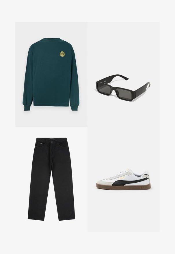 Langärmliges Shirt aus dunkelgrünem Baumwollstoff mit rundem Halsausschnitt, das ein gelbes Emblem im oberen Rückenbereich hat. Schlichter, lässiger Schnitt.; Schwarze gerade geschnittene Jeans mit vorderem Knopf und Reißverschluss, Gürtelschlaufen und Fünf-Taschen-Design, auf einem weißen Hintergrund flach ausgelegt.; Weiße Ledersneaker mit schwarzen Wildlederakzenten, runde Zehen, flache braune Gummisohle und geprägt goldenen Logo an der Seite. Schnürsenkel und gepolsterter Kragen.; Schwarze Sonnenbrille mit rechteckigen Gläsern, mattem Kunststoffrahmen und geraden Kanten. Verfügt über das Markenlogo auf dem inneren Bügel.